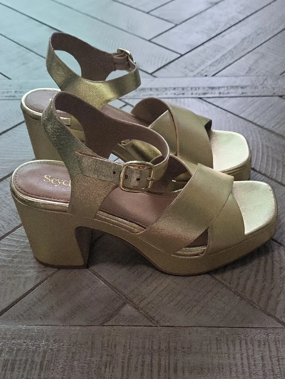 Seychelles Metallic Gold Leather Platform Sandals Ankle Strap Boho 70s